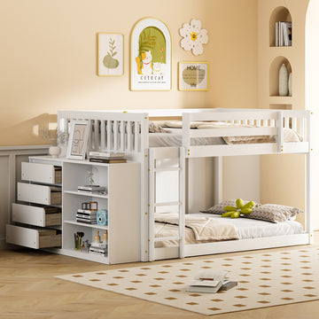 Full Over Full Bunk Bed With 4 Drawers And 3 Shelves White Full White Solid Wood