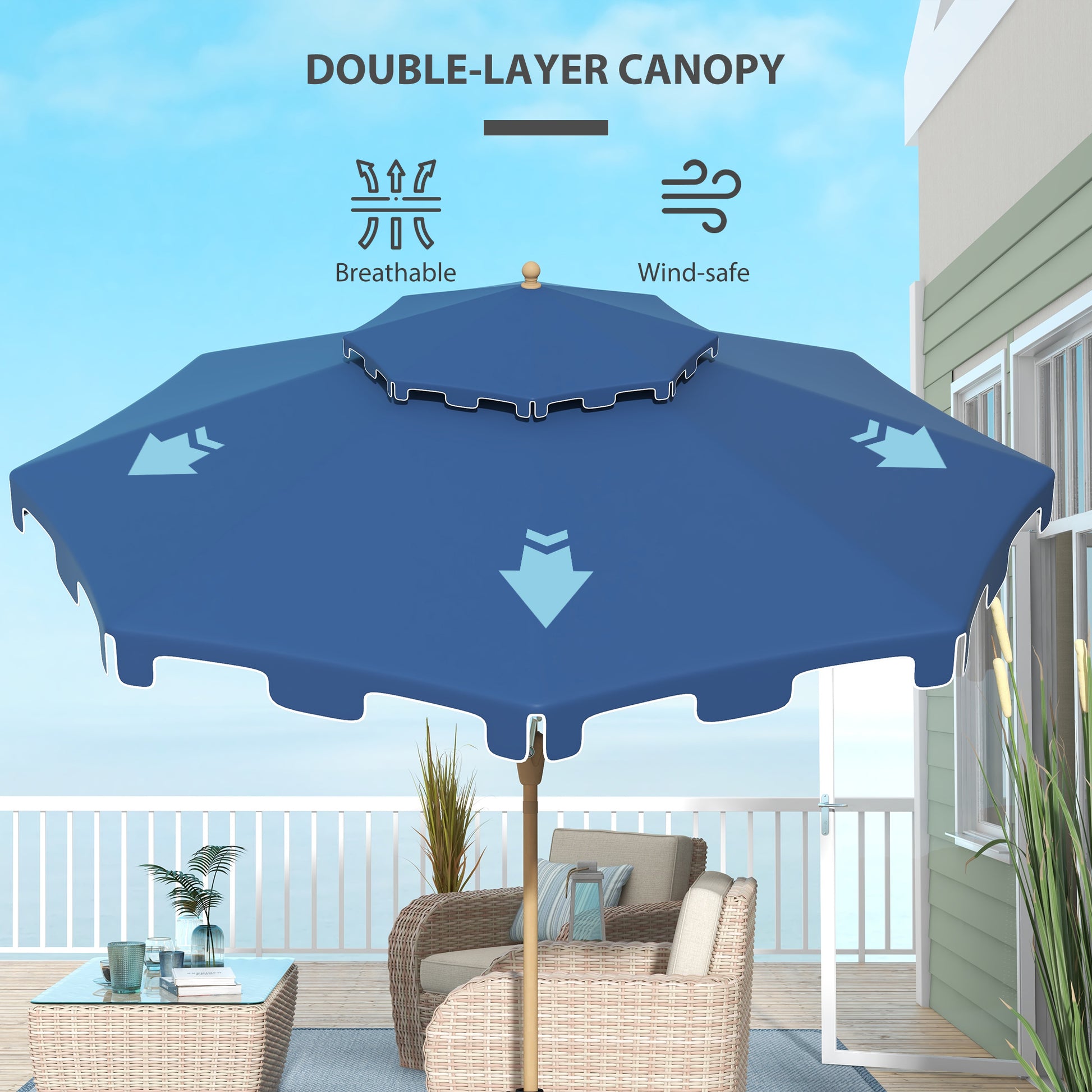 Outsunny 9' Patio Umbrella With Push Button Tilt And Crank, Double Top Ruffled Outdoor Market Table Umbrella With 8 Ribs, For Garden, Deck, Pool, Dark Blue Dark Blue Polyester