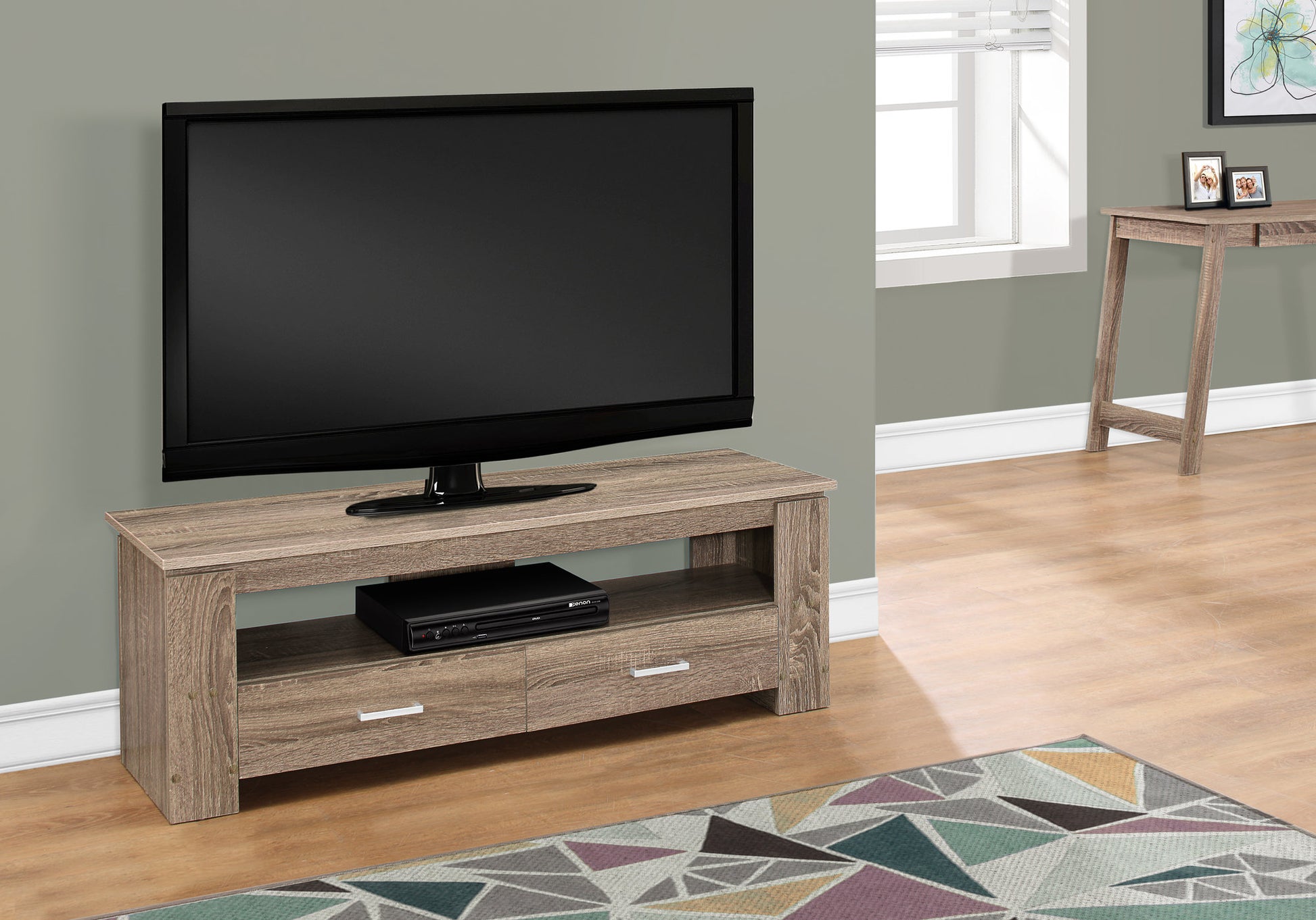 Tv Stand, 48 Inch, Console, Media Entertainment Center, Storage Drawers, Living Room, Bedroom, Brown Laminate, Contemporary, Modern Taupe 80 89 Inches Particle Board