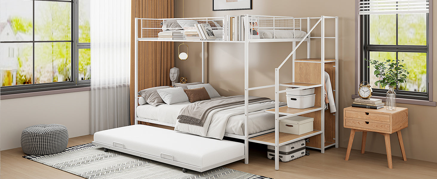 Twin Over Full Metal Bunk Bed With Trundle And Lateral Storage Ladder And Wardrobe, White White Metal