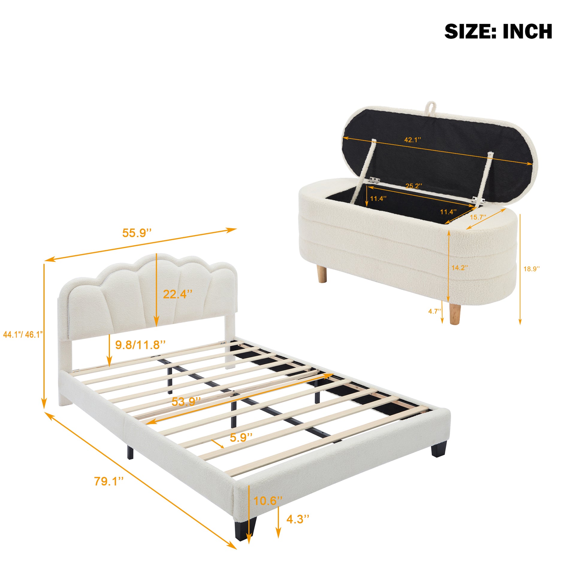 2 Pieces Bedroom Sets Full Size Flower Shaped Upholstered Led Platform Bed With Storage Ottoman Sherpa Fabric, White Full White 2 Piece Set Wood