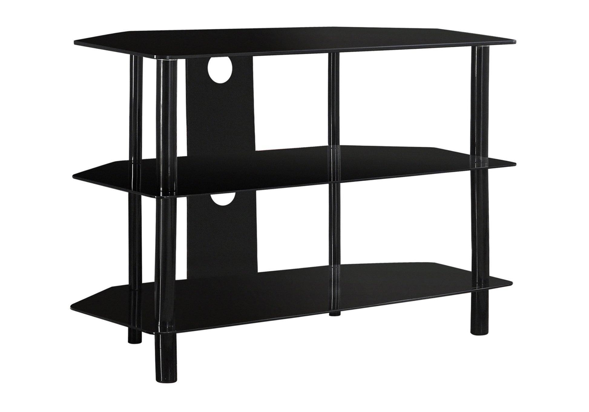 Tv Stand, 36 Inch, Console, Media Entertainment Center, Storage Shelves, Living Room, Bedroom, Black Metal, Clear Tempered Glass, Contemporary, Modern Black 80 89 Inches Metal