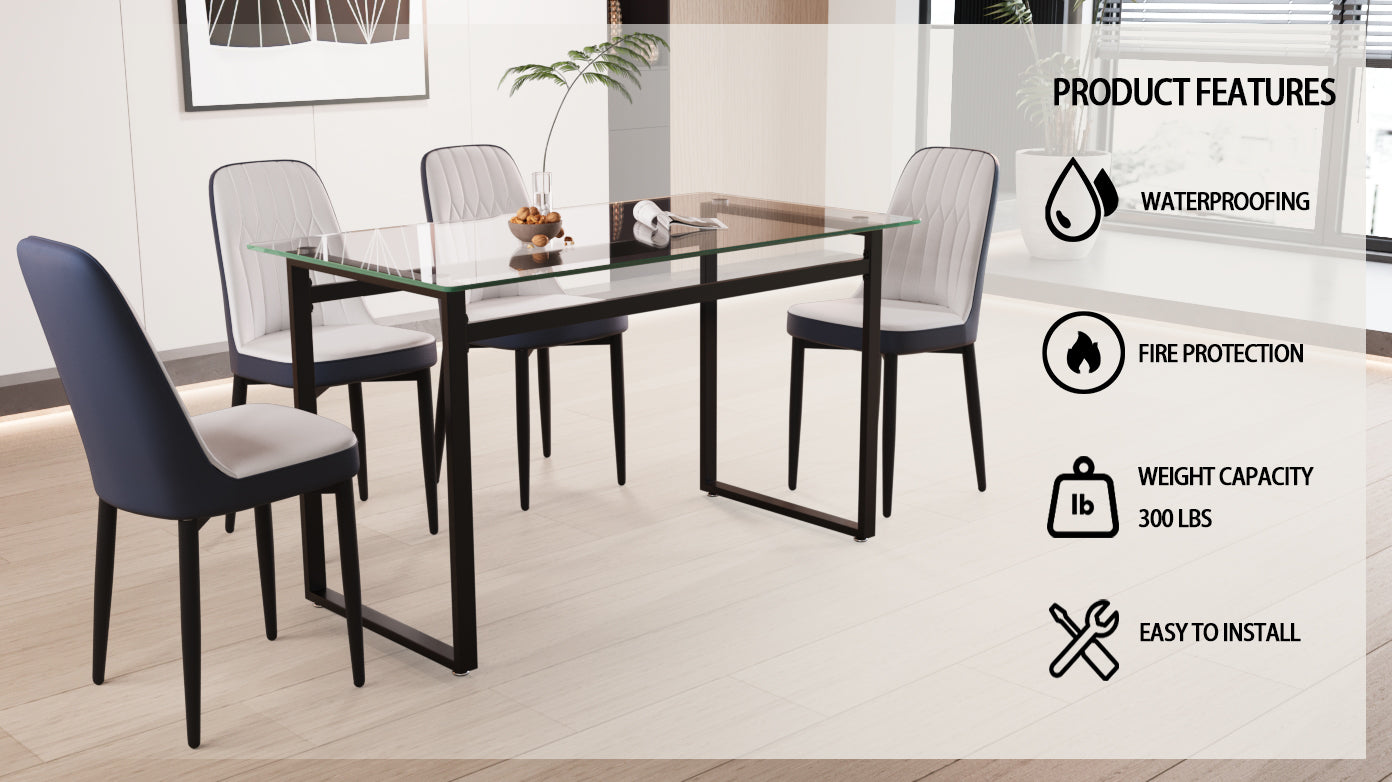 51" 4 Person Glass Dining Table Set, Kitchen Set With Black Metal Leg Dining Table And Chairs, Modern Rectangular Tempered Glass Tabletop And Dining Room Thick Cushioned Pu Dining Chairs Black White