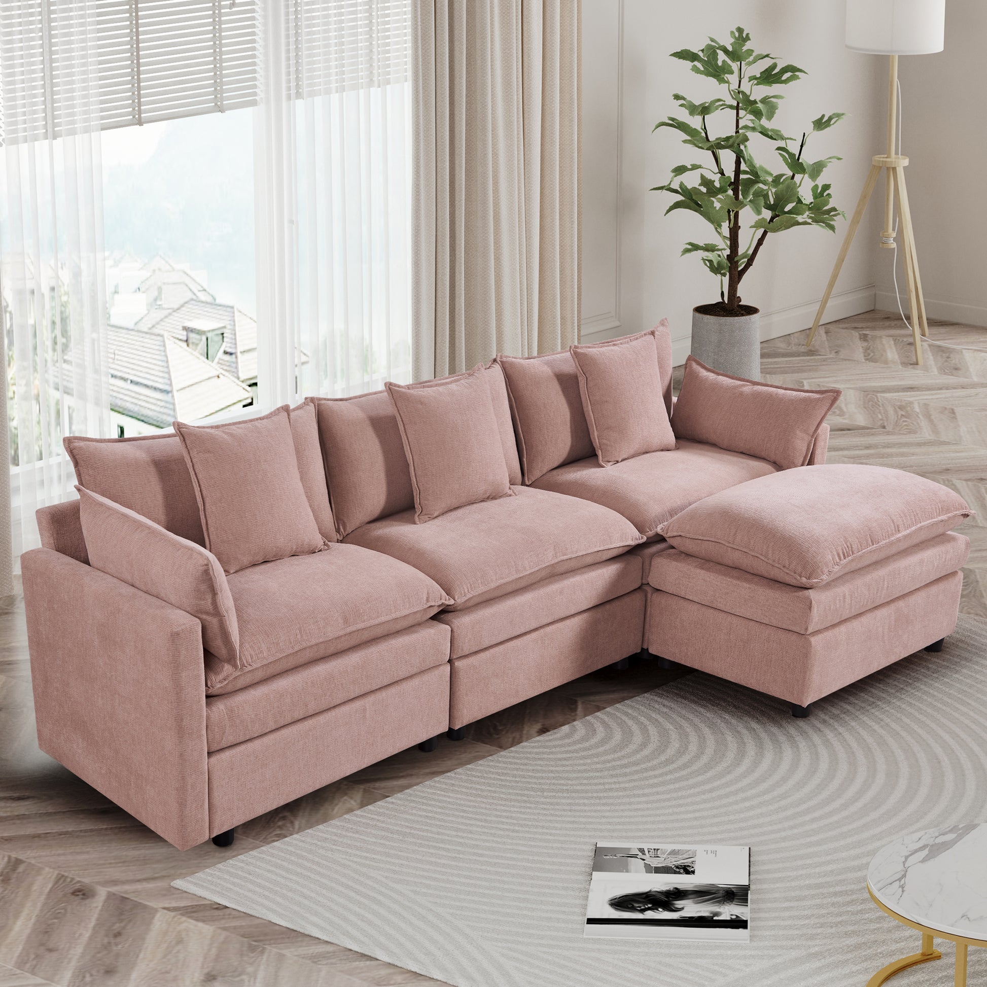 108.66"Modern Chenille L Shaped Sectional Sofa With Convertible Chaise, Comfy Cloud Couch Deep Sectional Sofa With Ottomans For Living Room Pink Wood Foam Chenille 3 Seat