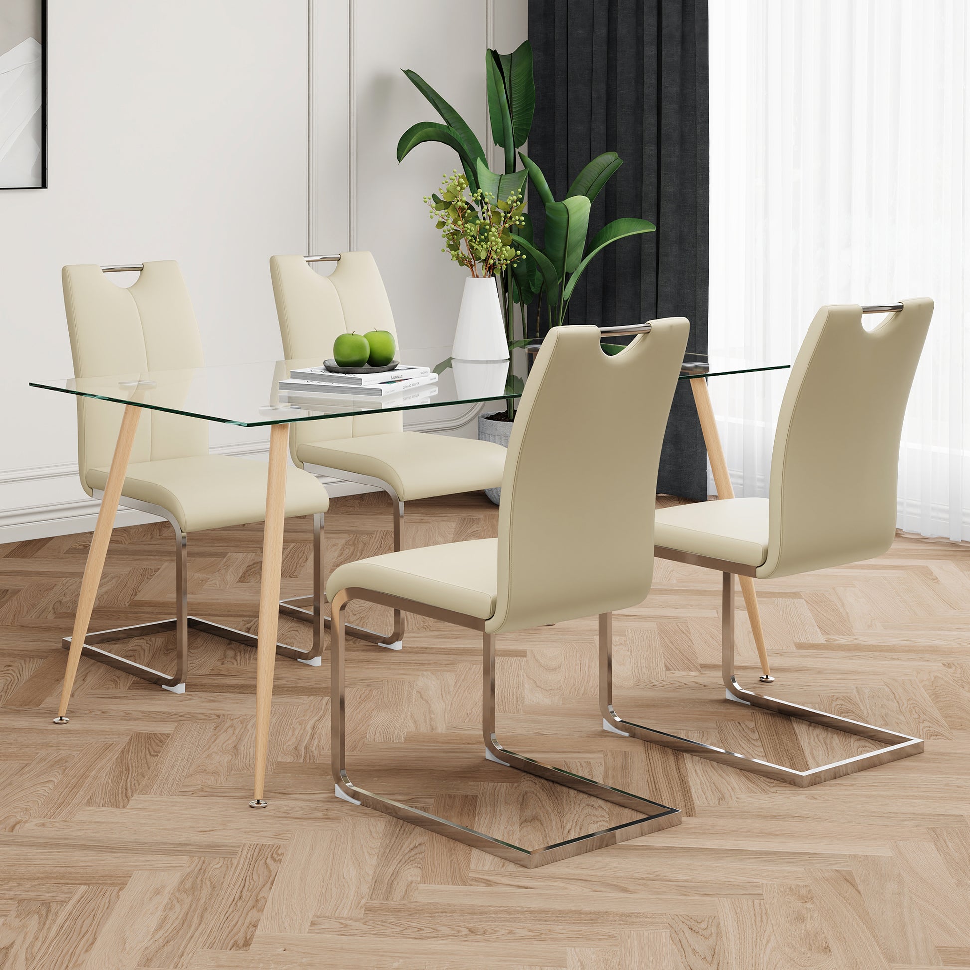 Modern Simple Rectangular Glass Dining Table, Solid Tempered Glass Countertop, Wood Transfer Metal Table Legs, Light Yellow Pu Dining Chair Set, Suitable For Restaurant Kitchen Use Set Of 5 Upholstered Chair Glass Light Yellow Seats 4 Metal Rectangular