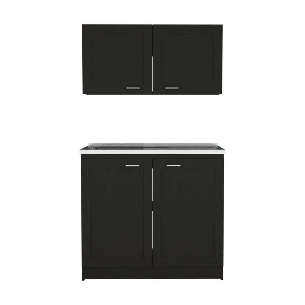 Cabinet, Two Parts Set, Black Black Solid Wood Mdf Engineered Wood
