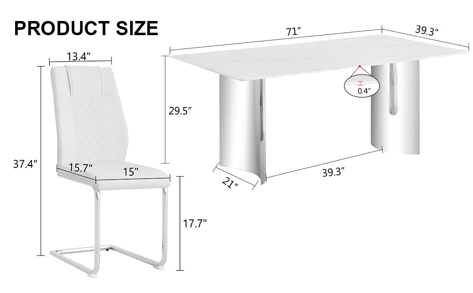 Table And Chair Set, Modern And Minimalist Dining Table. Imitation Marble Glass Sticker Desktop, Stainless Steel Legs, Stable And Beautiful. Comfortable Pu Seats. Dt 69 Silver Glass