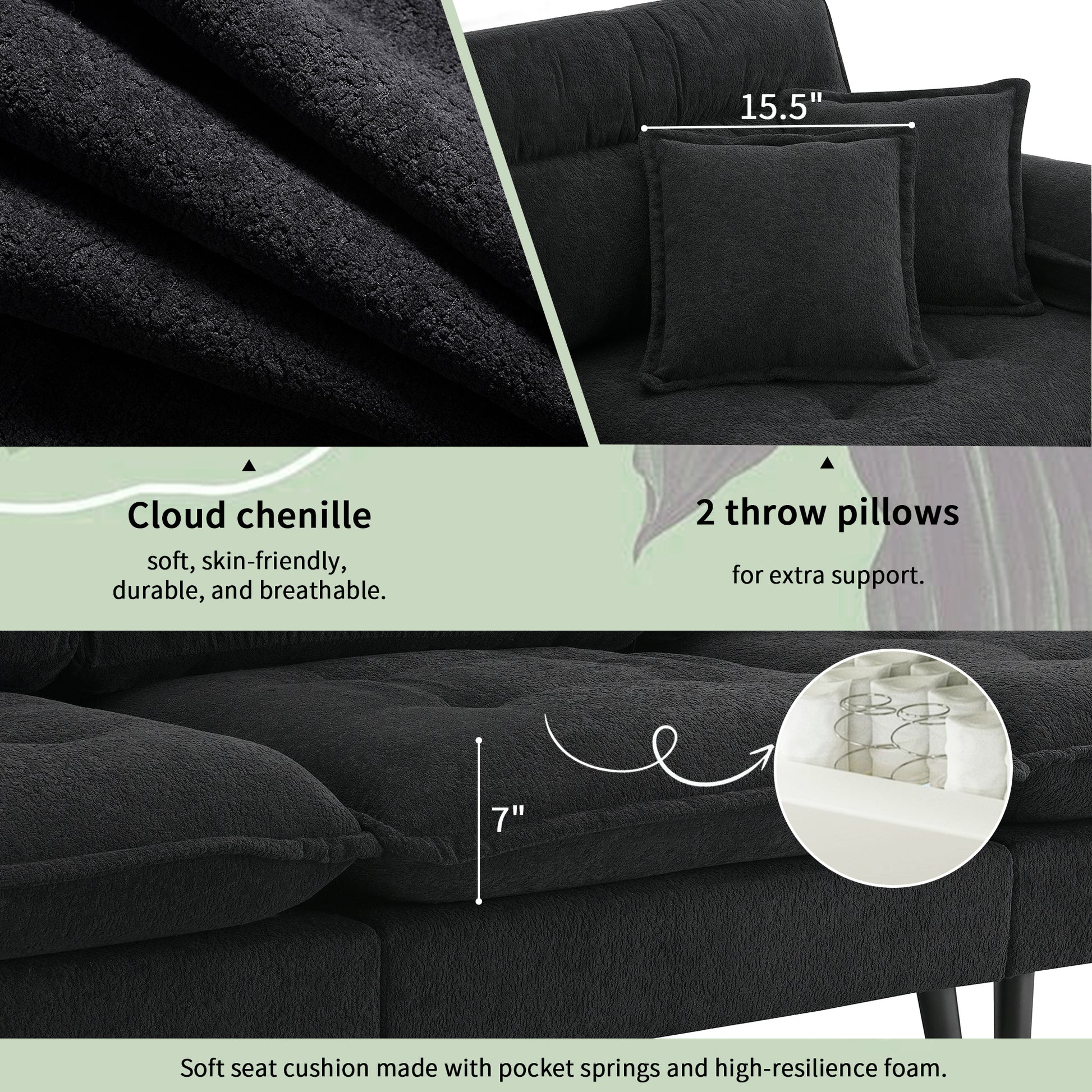 106*66.5" L Shaped Convertible Sectional Sofa,4 Seat Tufted Couch Set With Two Tone Adjust Legs,Cloud Chenille Fabric,Movable Ottoman For Living Room, Apartment,Office,3 Colors Black Chenille 4 Seat