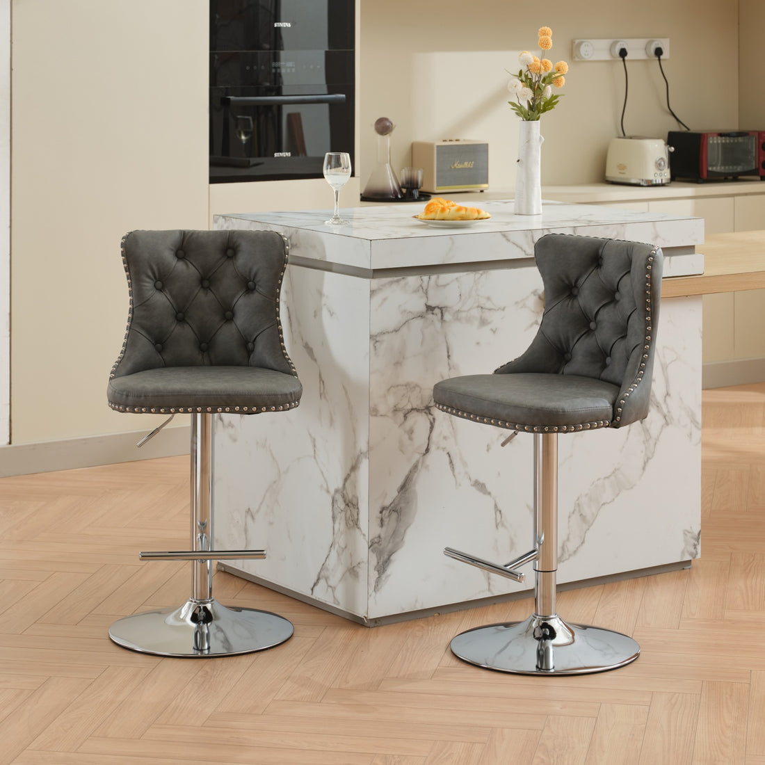 Swivel Pu Leather Barstools Adjusatble Seat Height From 25 33 Inch, Chrome Base Bar Stools With Backs Comfortable Tufted For Home Pub And Kitchen Island, Beige,Set Of 2,1512Gy Grey Dining Room