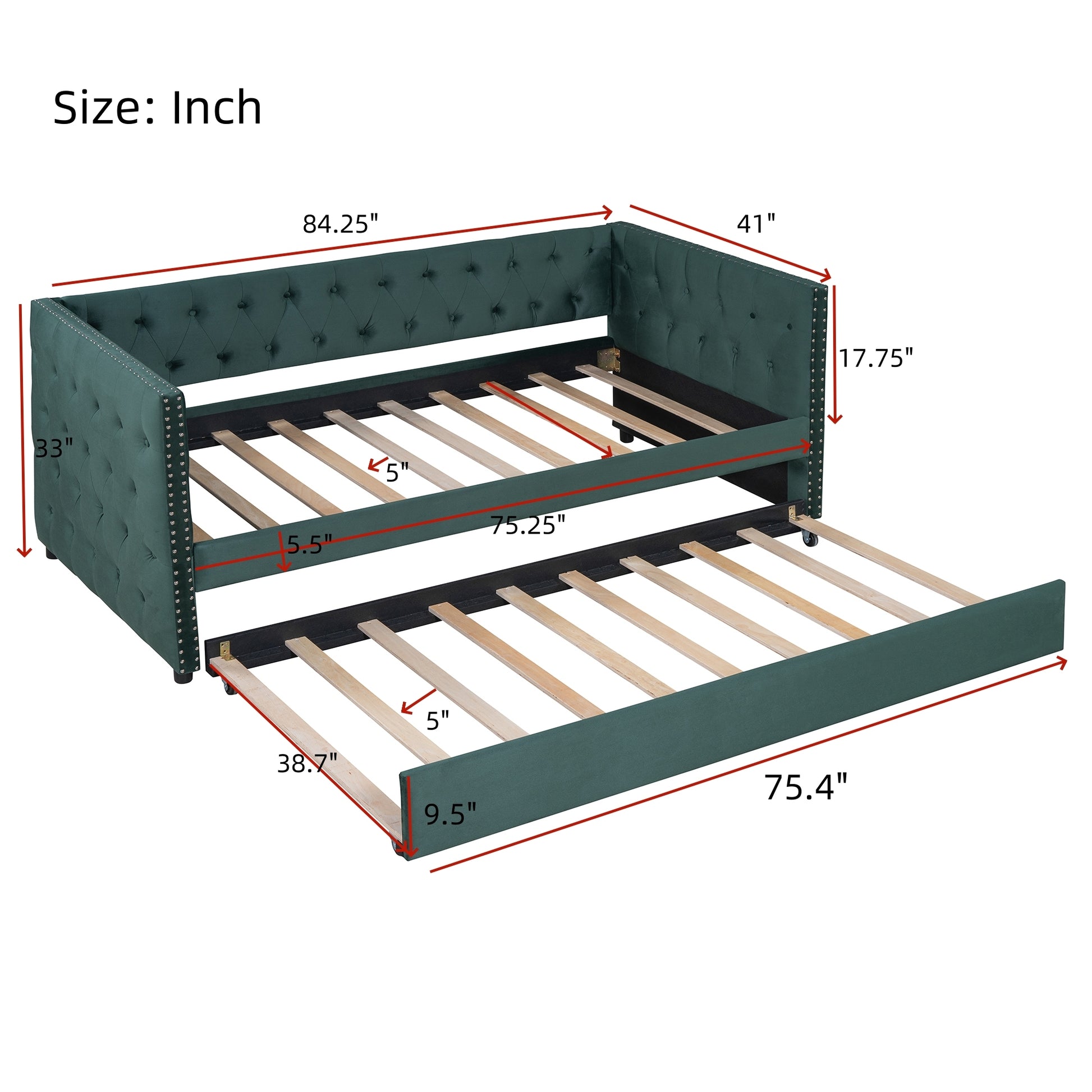 Twin Size Tufted Upholstered Daybed With Trundle, Velvet Sofabed With Rivet Design, No Box Spring Needed,Green Twin Green Velvet