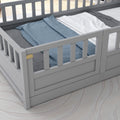 Twin Size Floor Bed, Integral Construction With Super High Security Barrier, Door, Children'S Floor Bed Frame, Montessori Wooden Children'S Floor Bed, Grey Box Spring Required Twin Grey Wood Brown