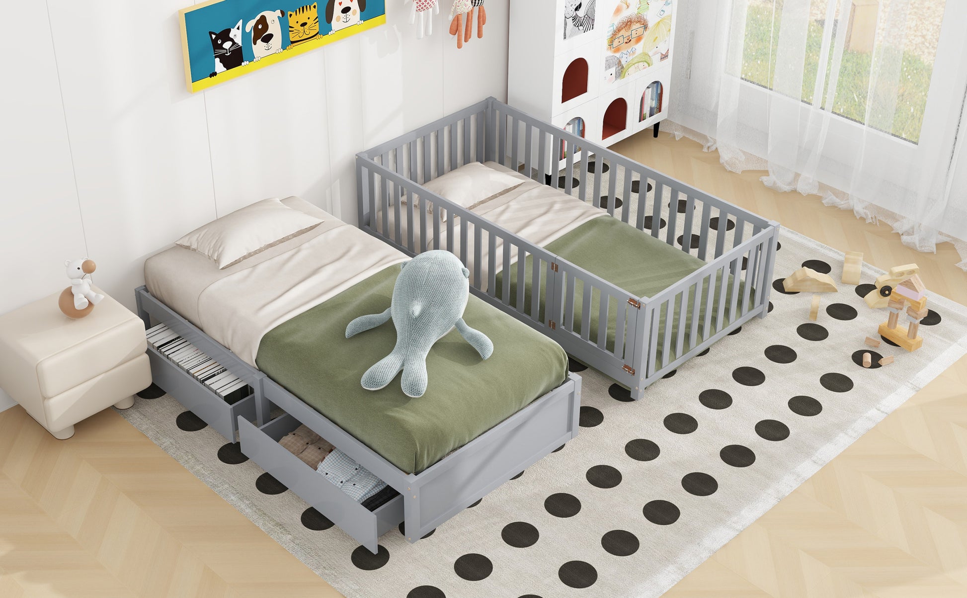 Twin Size Wood Daybed With Fence Guardrails And 2 Drawers, Split Into Independent Floor Bed & Daybed, Gray Old Sku :Lp000881Aae Twin Gray Solid Wood Mdf