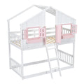 Twin Over Twin House Bunk Bed With Roofwindow, Window Box, Doorwith Safety Guardrails And Ladder, Pink White Twin Pink White Pine