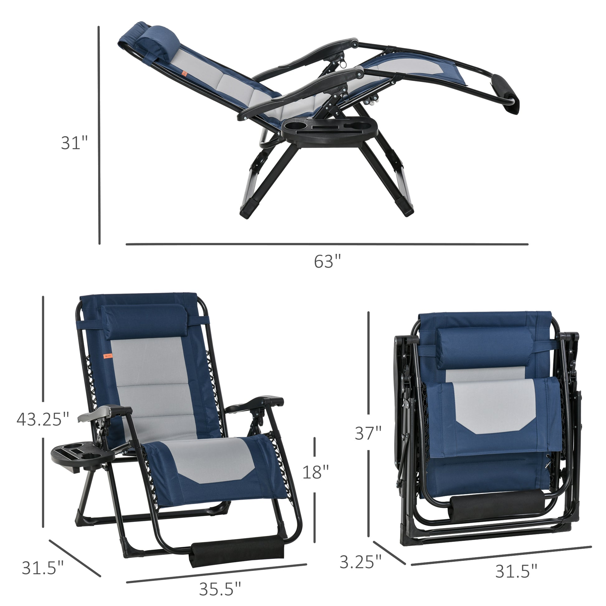Outsunny Foldable Outdoor Lounge Chair With Footrest, Oversized Padded Zero Gravity Lounge Chair With Headrest, Side Tray, Cup Holders, Armrests For Camping, Lawn, Garden, Blue Blue Steel