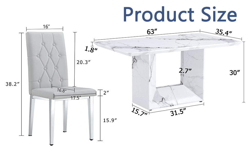 Table And Chair Set.63"X35.4" White Marble Patterned Mdf Dining Table Set With 4 Armless Light Gray Pu Chairs.Showcasing A Modern And Stylish Look. Light Gray,White Seats 4 Mdf Metal