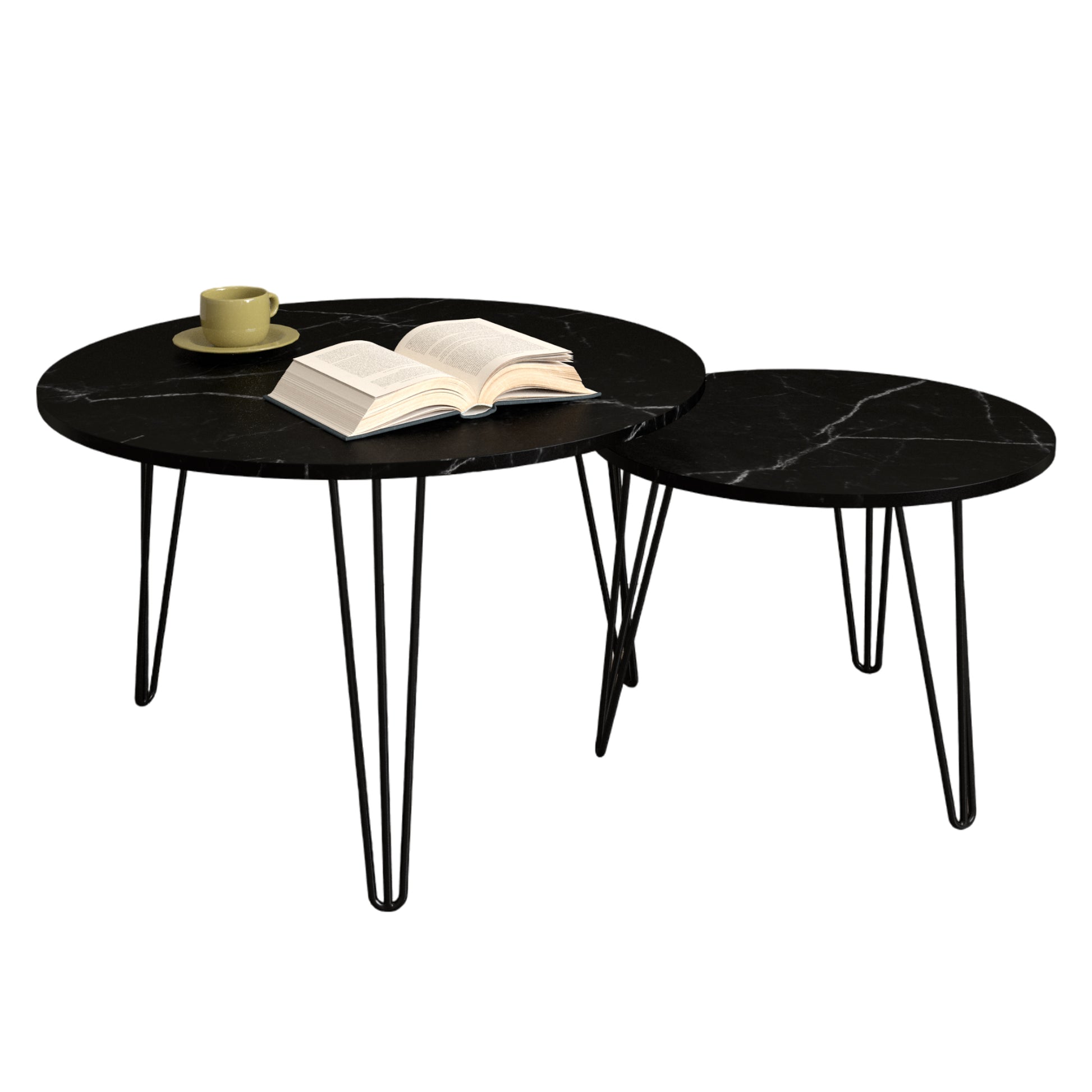 27.56'' Round Nesting Coffee Table Set Of 2, Circular Nesting End Table Set, Round Marble Tabletop, And Sturdy Metal Base For Living Room, Bedroom, Black Black Round Wood Metal