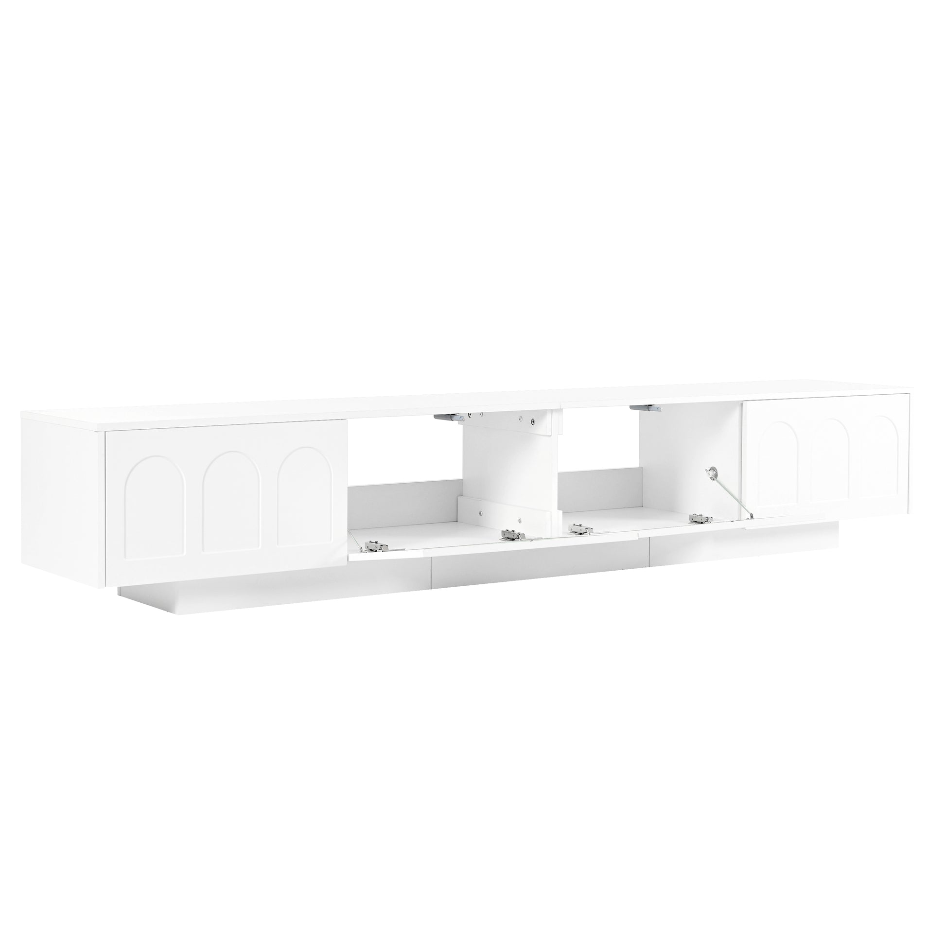 Tv Stand With Fluted Tempered Glass Doors For Tvs Up To 95'', Functional Media Console With Arched Cabinet Doors, Entertainment Center With App Controlled Led Light For Living Room, White White Primary Living Space 90 Inches Or Larger 90 Inches Or Larger