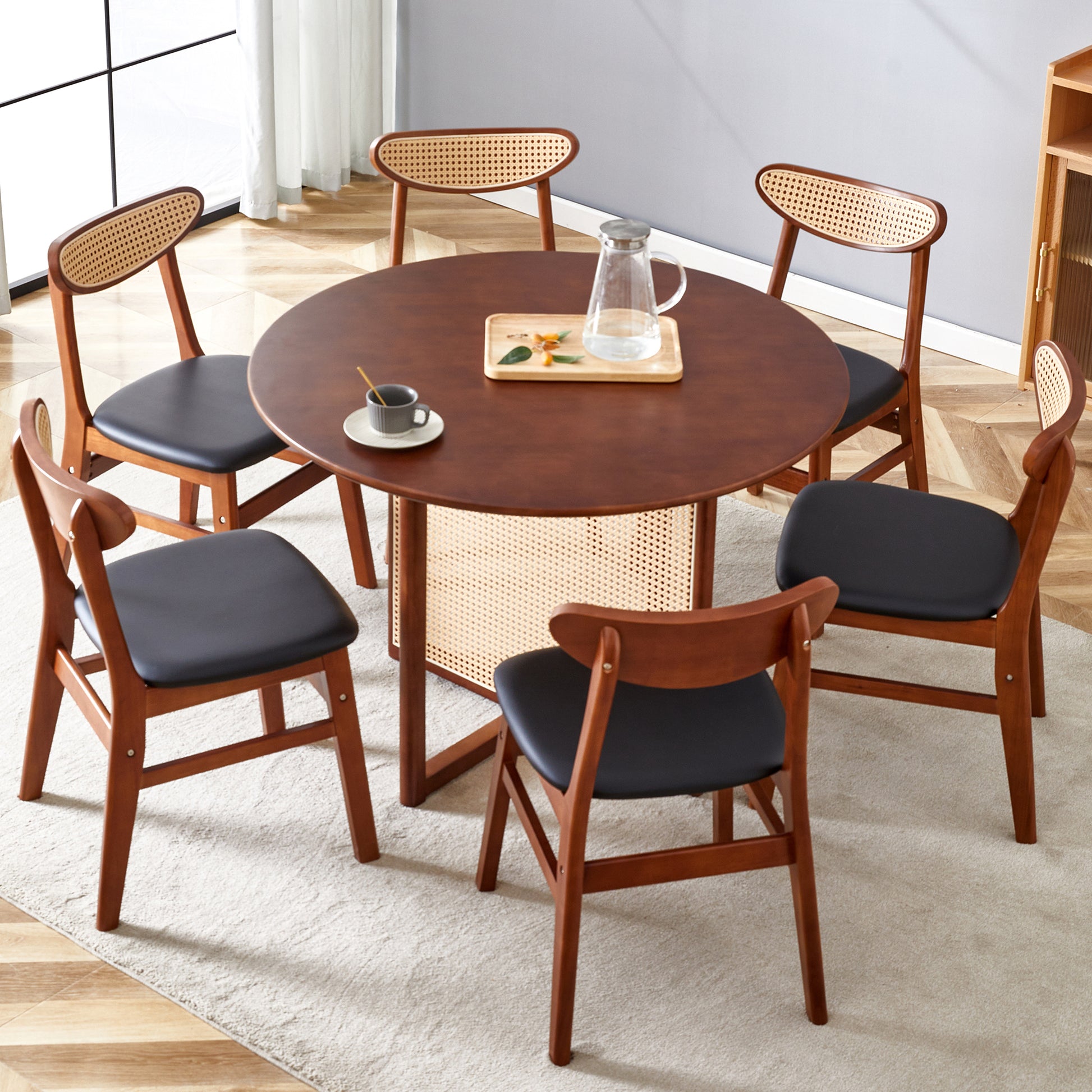 Table And Chair Set, Ancient Style Solid Wood Dining Table, Imitation Rattan Table Legs, Beautiful Simple Solid Wood Dining Chair, Perfect For Dinner, Meetings, Home And Office Decoration Walnut Rubber Wood