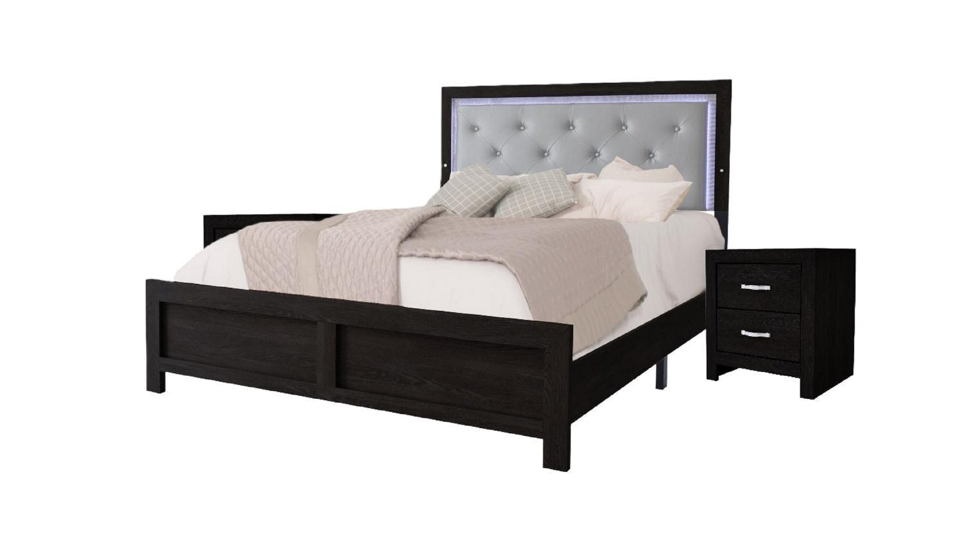 1Pc Modern Queen Panel Bed With Headboard Lighting Black Finish Faux Leather Gray Upholstery Button Tufted Wooden Bedroom Furniture Box Spring Required Queen Black,Gray Wood Bedroom Modern Panel