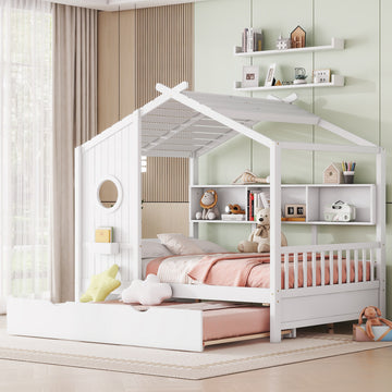 Wooden Full Size House Bed With Trundle, Modern Design For Kids With Storage Shlef, White Full White Solid Wood