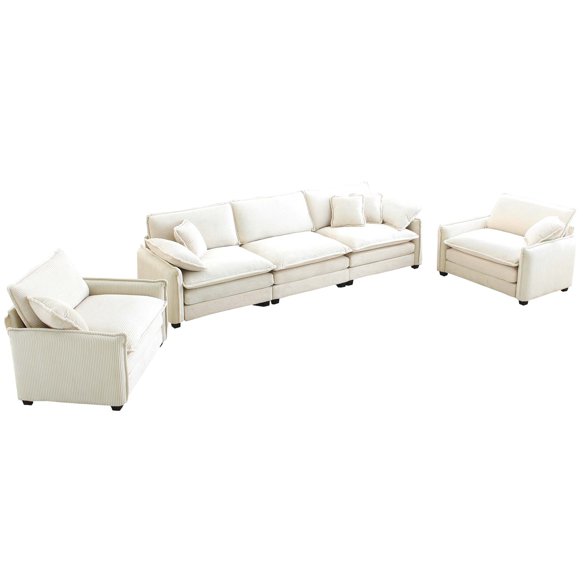 Warm And Cozy Sofa Set With Soft Cushions And Pillows, Home Theater Style Sofa Set Consisting Of A 3 Seater Sofa And Two Single Sofas In Beige Corduroy Fabric Beige Corduroy 5 Seat