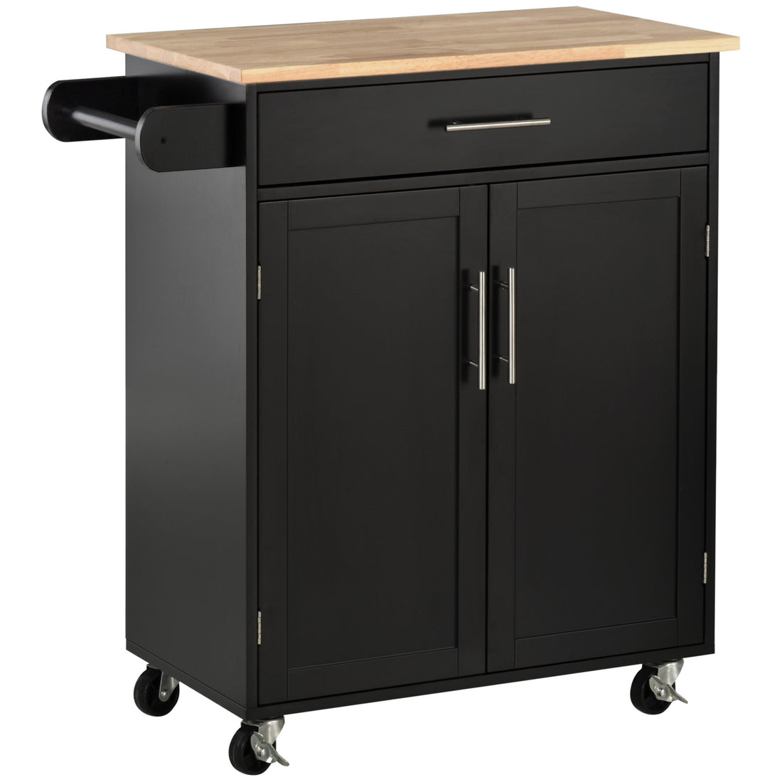 Homcom Kitchen Island Cart Rolling Trolley Cart With Drawer, Storage Cabinet & Towel Rack, Black Black Rubber Wood