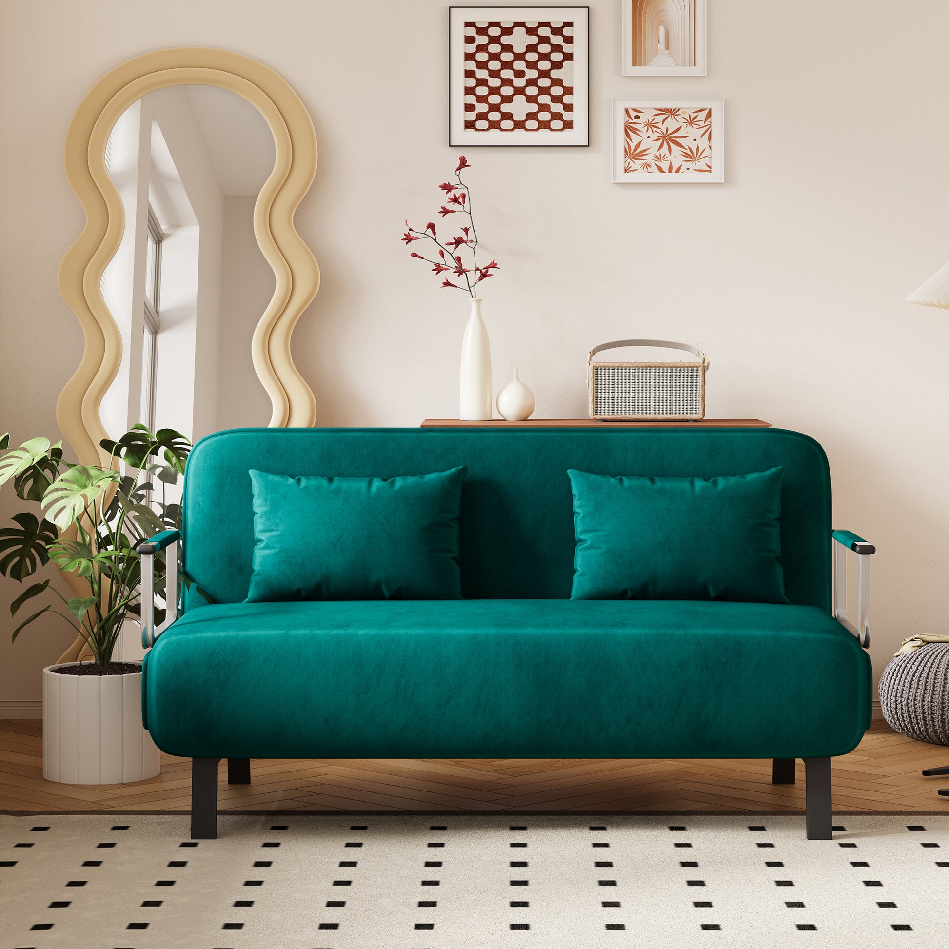Velvet Antique Green 55 Convertible Chair Bed, Tri Fold Sofa Bed With Adjustable Backrest & Pillow, Leisure Chaise Lounge Couch With Sturdy Steel Frame For Home & Office, Comfortable Sleeper Chair Antique Green Velvet Metal Primary Living Space Medium