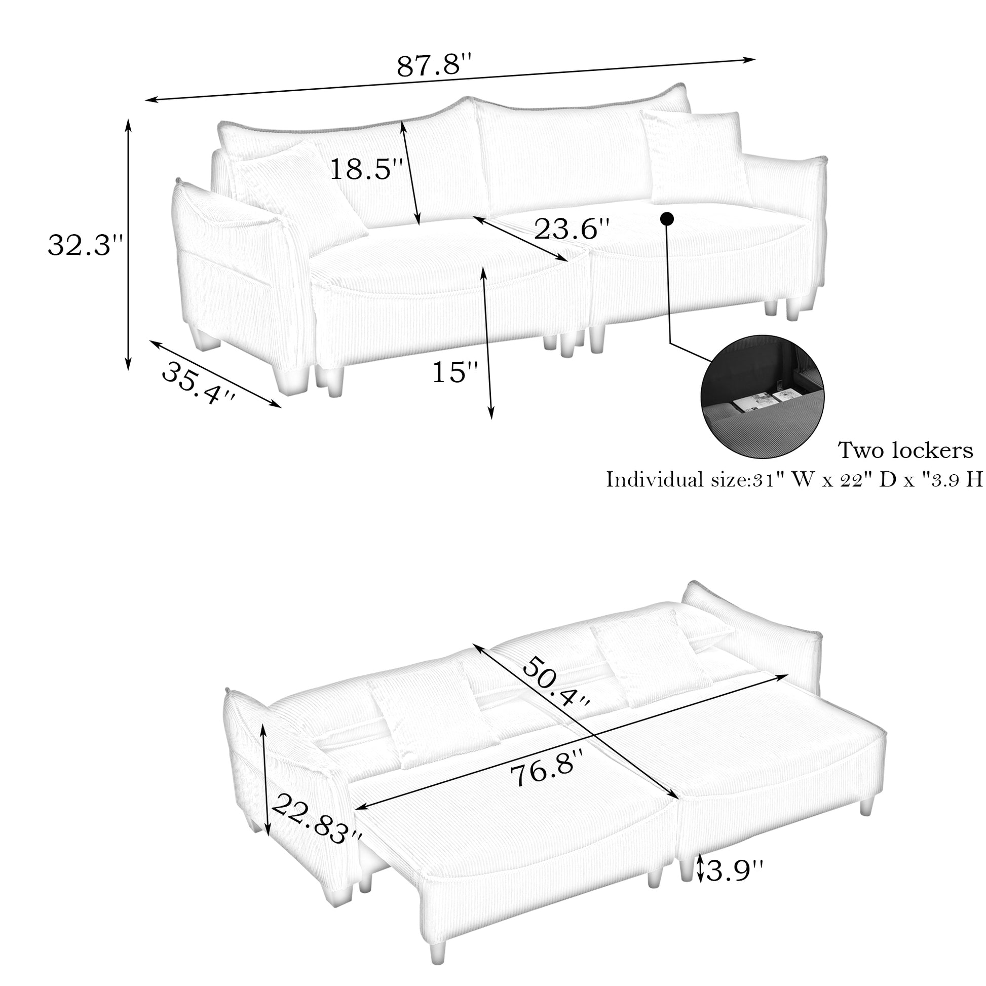 2345 Grey Corduroy Fabric, Sofa Can Be Converted Into A Sofa Bed With Two Throw Pillows, Suitable For Living Room And Other Scenes Gray Corduroy 3 Seat