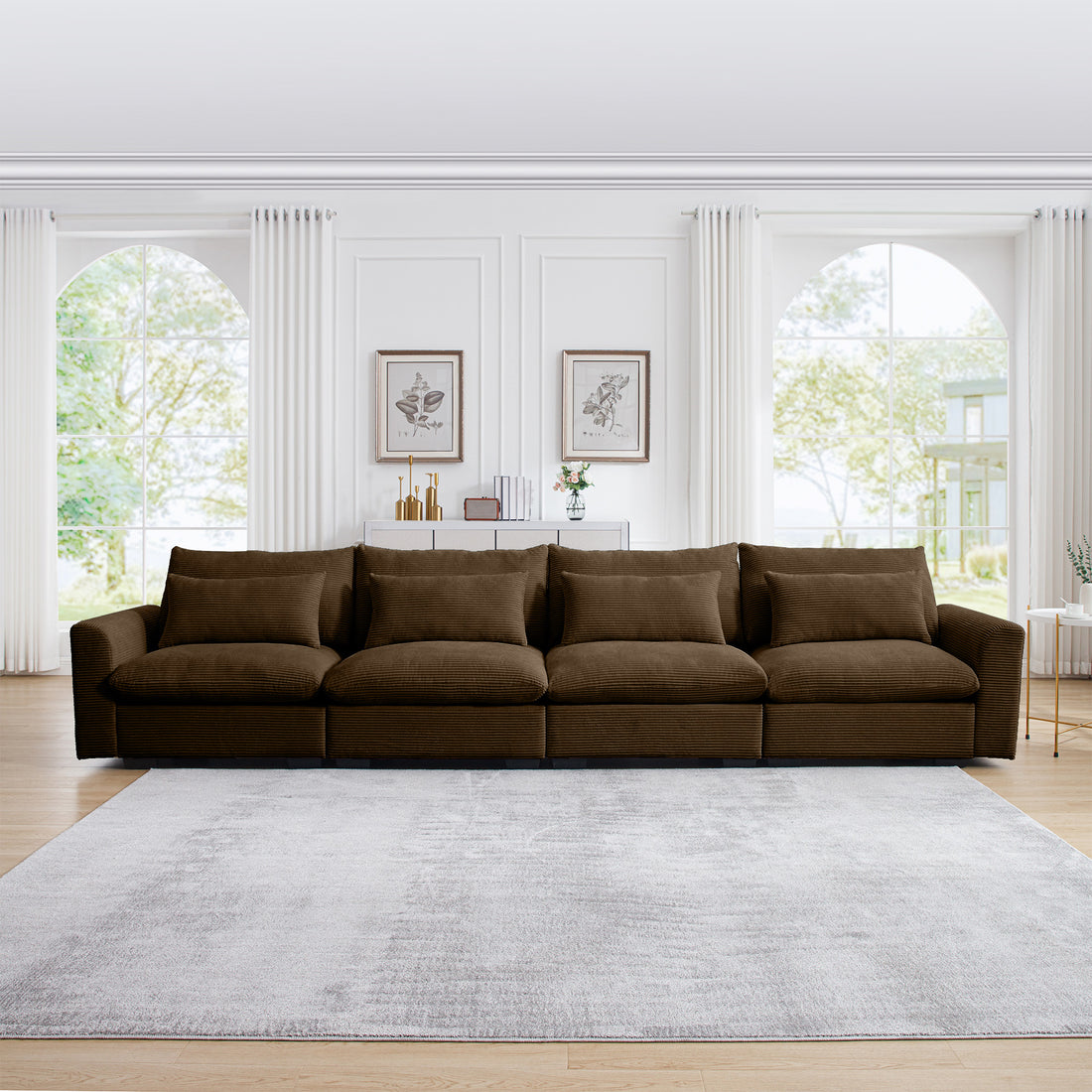 4 Seater Deep Seat Couches For Living Room, Comfy Brown Corduroy Sofas For Living Room Modern With 4 Waist Pillows Brown Corduroy 4 Seat