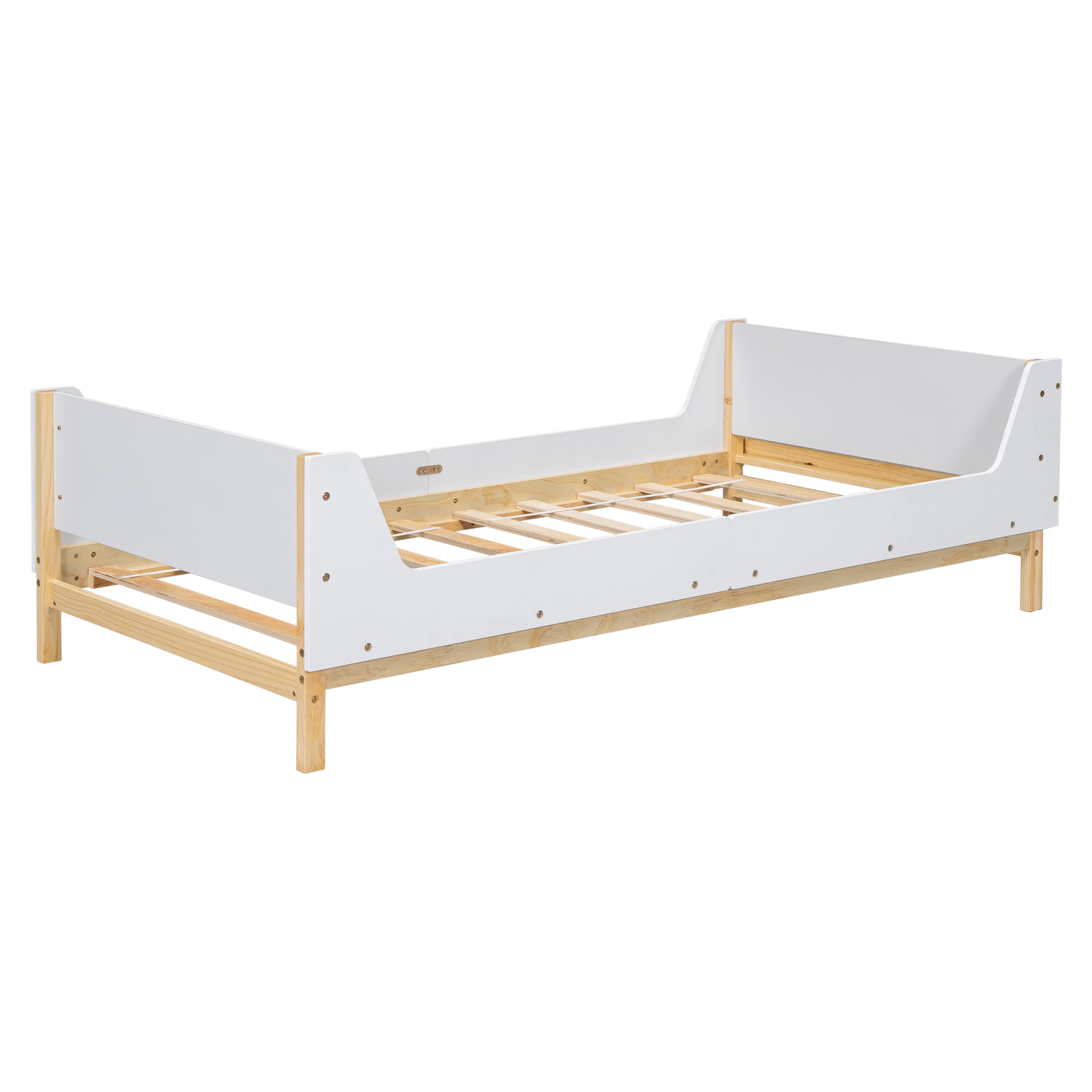 Twin Bed With Headboard, Footboard, Safeguards, Built In Bed End Book Storage Rack ,White Twin White American Design Pine