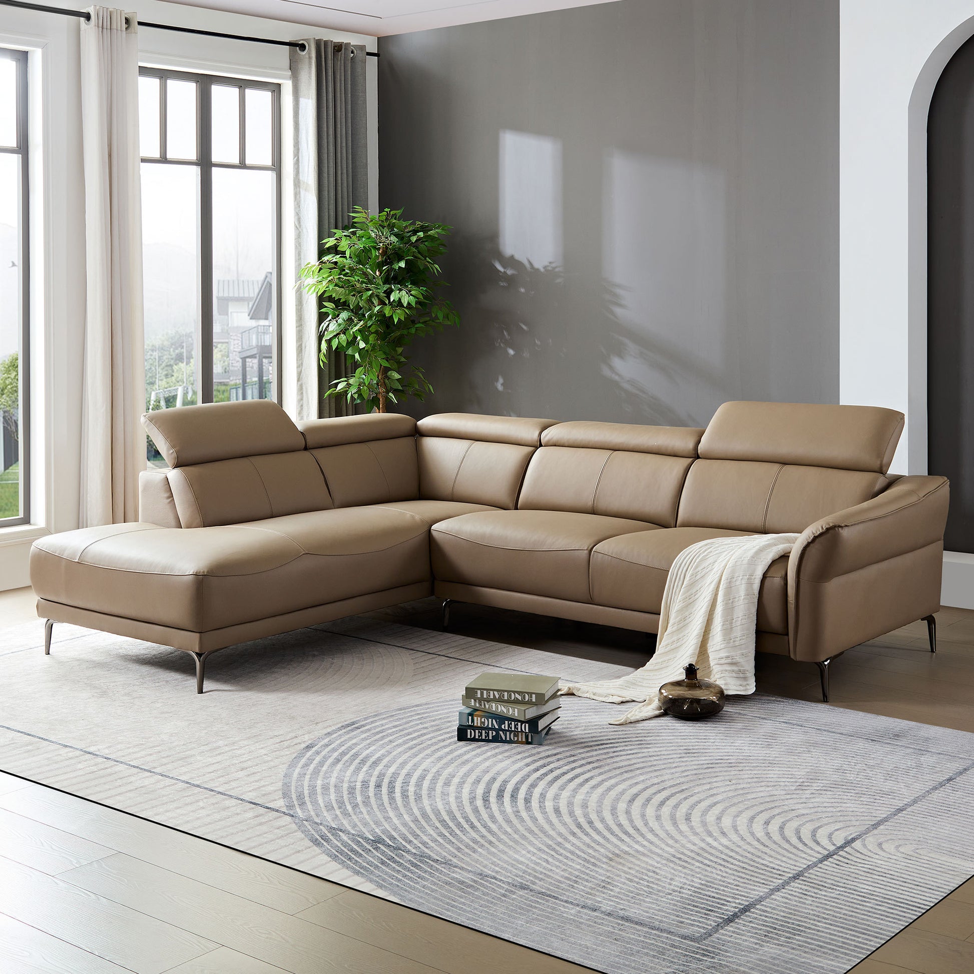 111.42Inch Modern Design L Shaped Deep Sectional Couch,Genuine Leather Sofa With Adjustable Headrests Couch,Minimalist Style Comfy Upholstery Corner Couch With Chaise For Living Room,Apartment,Office Brown Genuine Leather 5 Seat