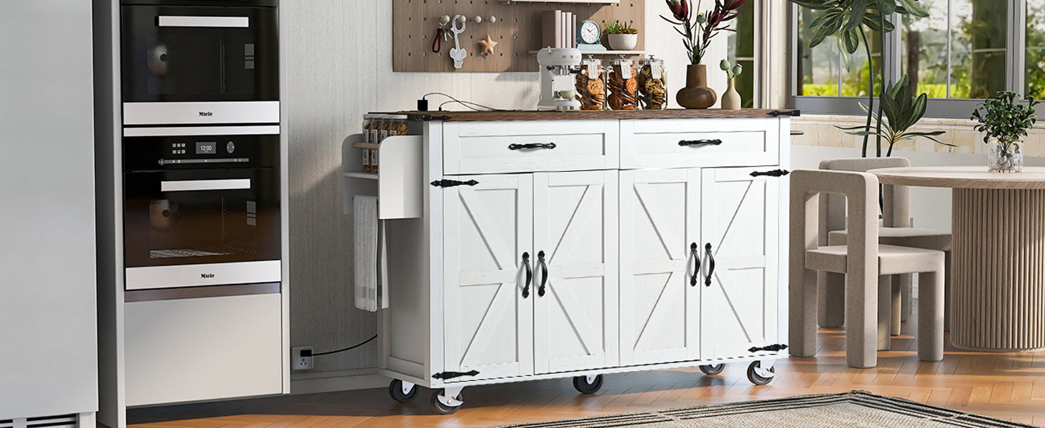 K&K 53.5''Farmhouse Kitchen Island With Power Outlet, Kitchen Storage Island With Drop Leaf, Spice Rack And Drawer, Rolling Kitchen Cart On Wheels, For Home, Kitchen And Dining Room, White White