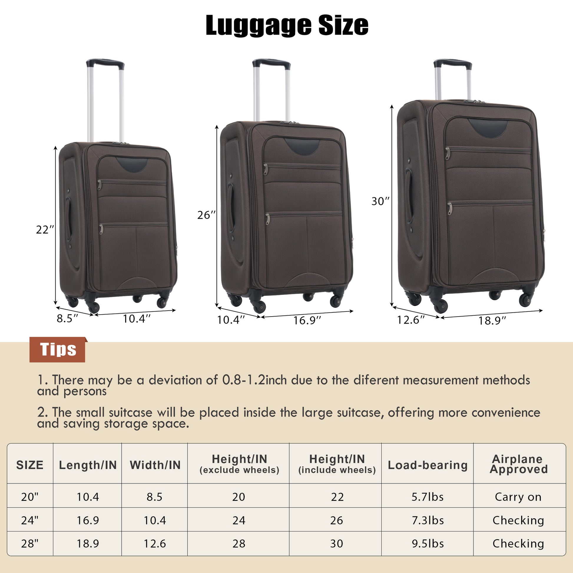 Softside Luggage Expandable 3 Piece Set Suitcase With Duffel Bag Upright Spinner Softshell Lightweight Luggage Travel Set Brown Polyester