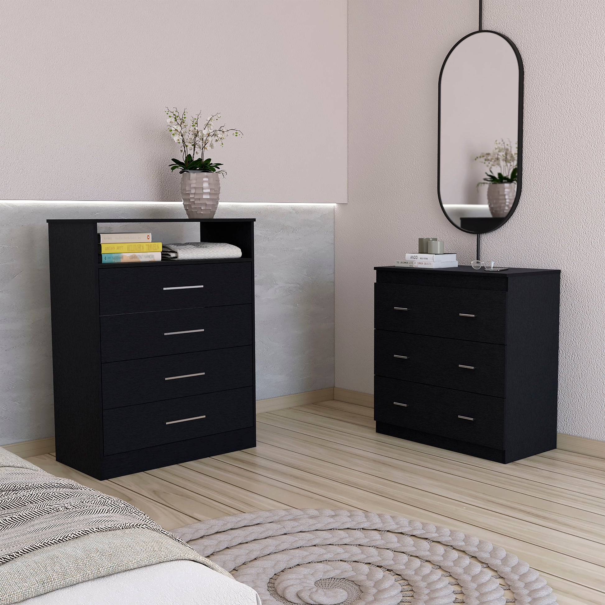 2 Piece Bedroom Set, Kairo Dresser Capri Three Drawer Dresser, Black Black 2 Piece Set Bedroom Dresser Included Modern Particle Board Particle Board