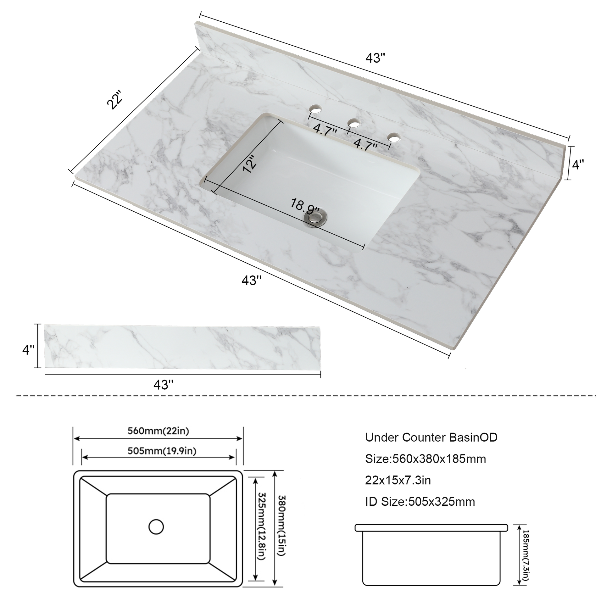 43"X22"Bathroom Vanity Top,Sintered Stone Carra Whitebarthroom Vanity Sink Tops With Rectangular Undermount Ceramic Sink With Vanity Backsplash, Three Faucet Hole Bathroom Vanity Countertop White