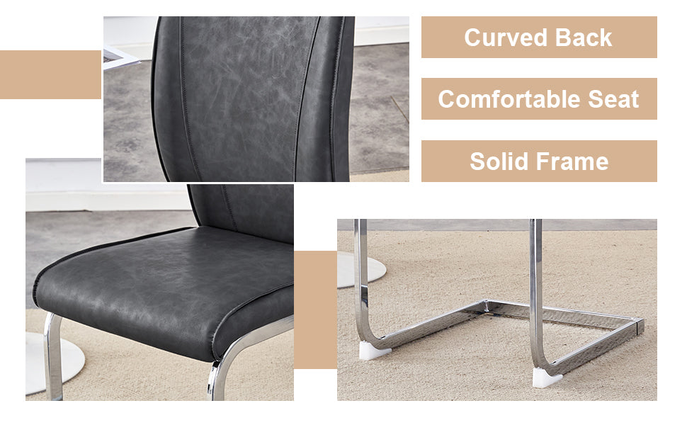 Table And Chair Set.Modern Dining Table,Tempered Glass Tabletop And Silver Colored Leg.Paired With 4 Soft And Comfortable Dark Gray Pu Chair, Perfect For Dinner, Meetings, Home And Office Decor.