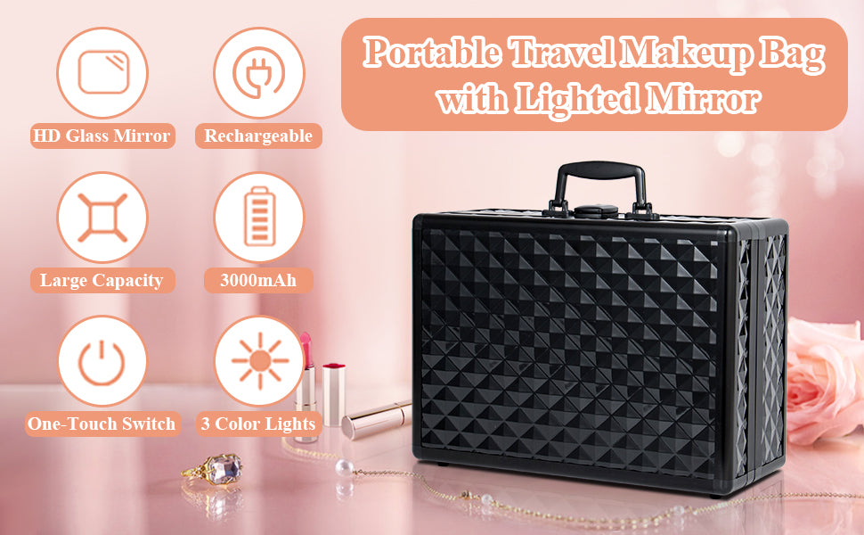 Portable Makeup Case With Led Mirror Travel Makeup Bag Cosmetic Organizer Box With Locks, Brush Holder, Dividers, Rechargeable, Black Black Aluminium Alloy