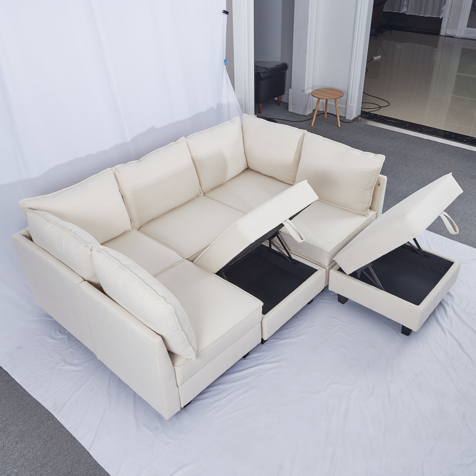 7 Seater Modular Pieces Sofa Storage Seats 7 Seat Living Room Furniture Modular Sleeper Sofa Brown Wood Primary Living Space Medium Duty Acacia 7 Seat Beige Chenille Soft Cushion Back Casual,Classic Armless Foam Wood