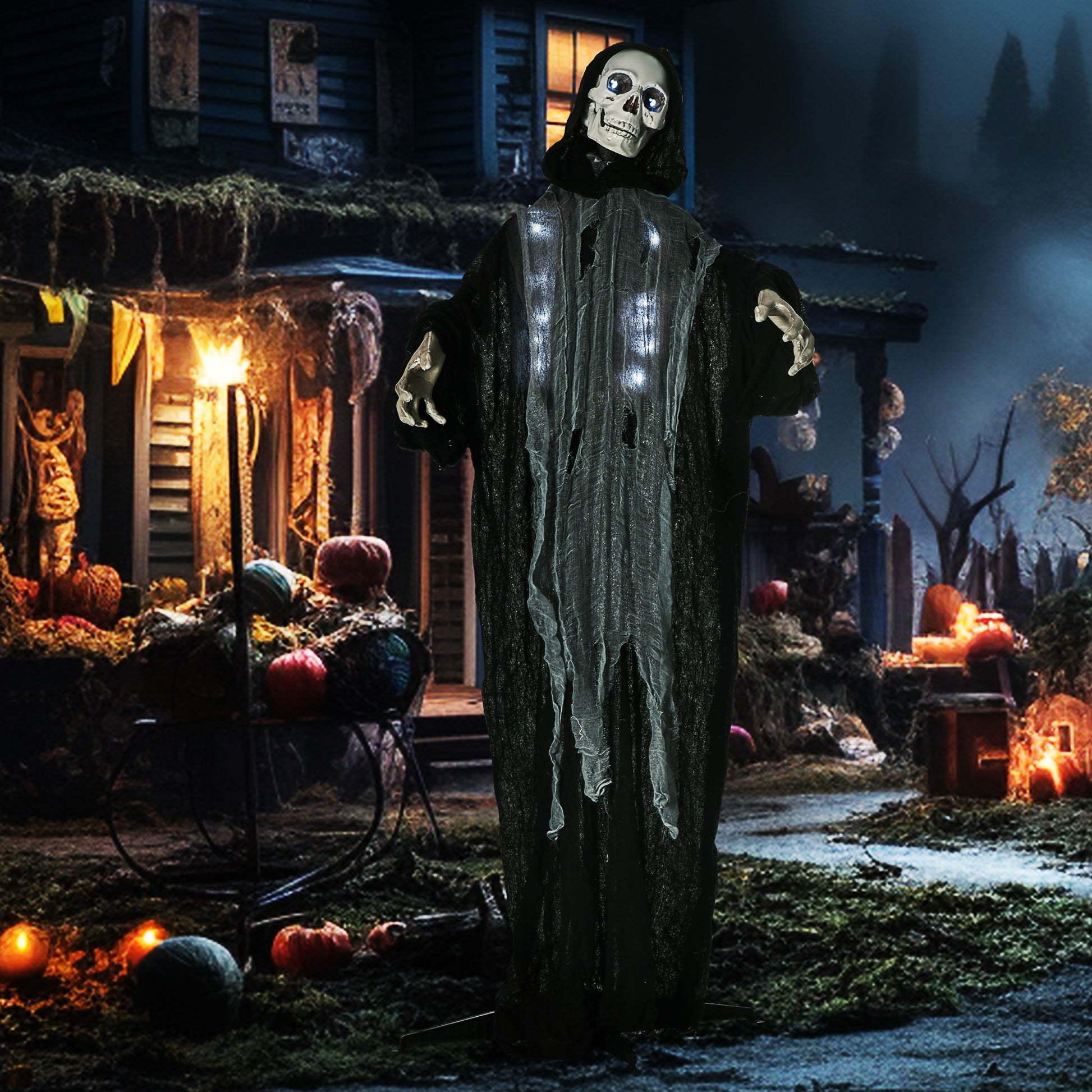 Outsunny 60" Life Size Outdoor Halloween Decorations Animated Grim Reaper With Sound And Motion Activated, Light Up Eyes And Rib Cage, Spooky Scream, Thunder And Lightning Sounds Black Fabric