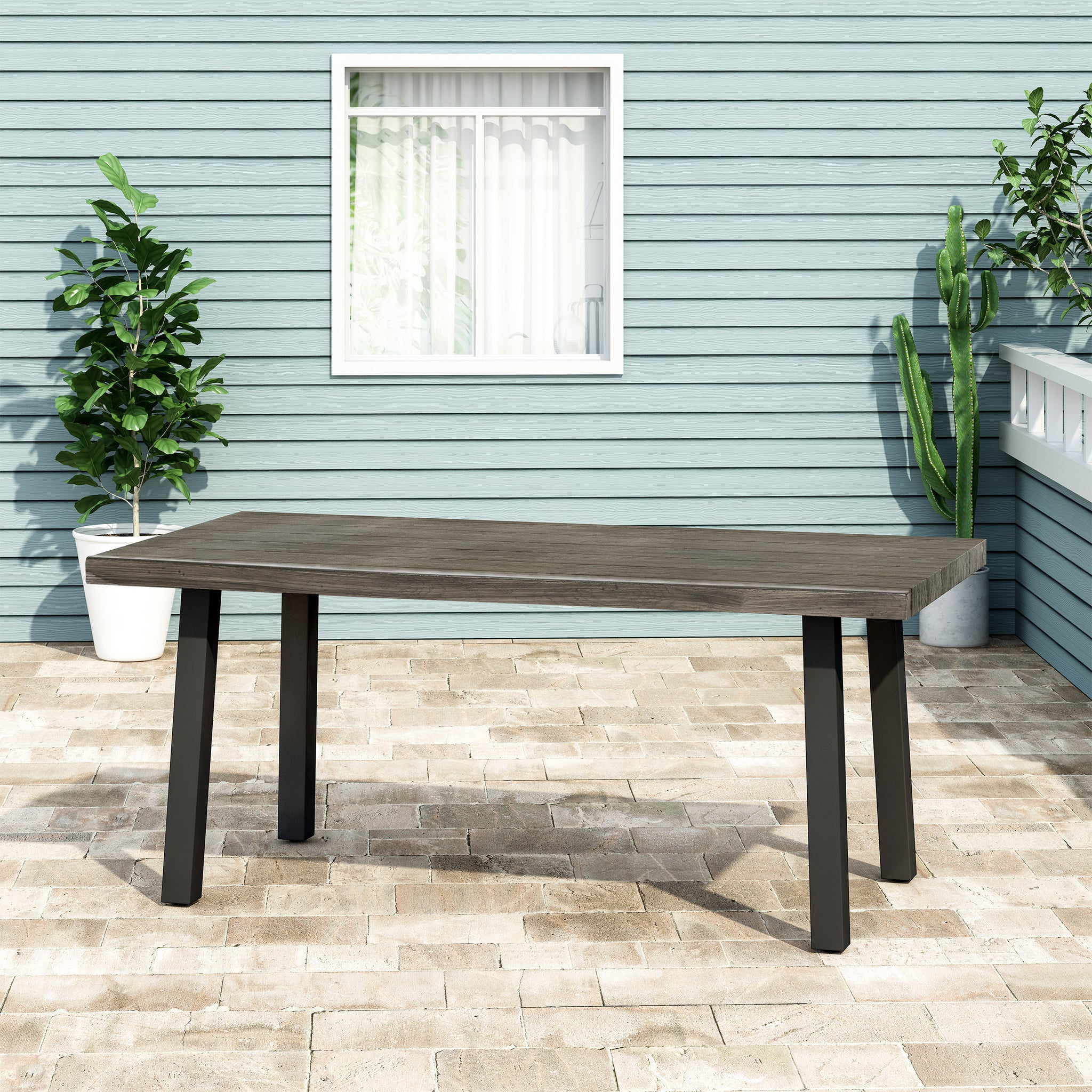 Outdoor Modern Industrial Aluminum Dining Table, Gray, Matte Black Grey Aluminium