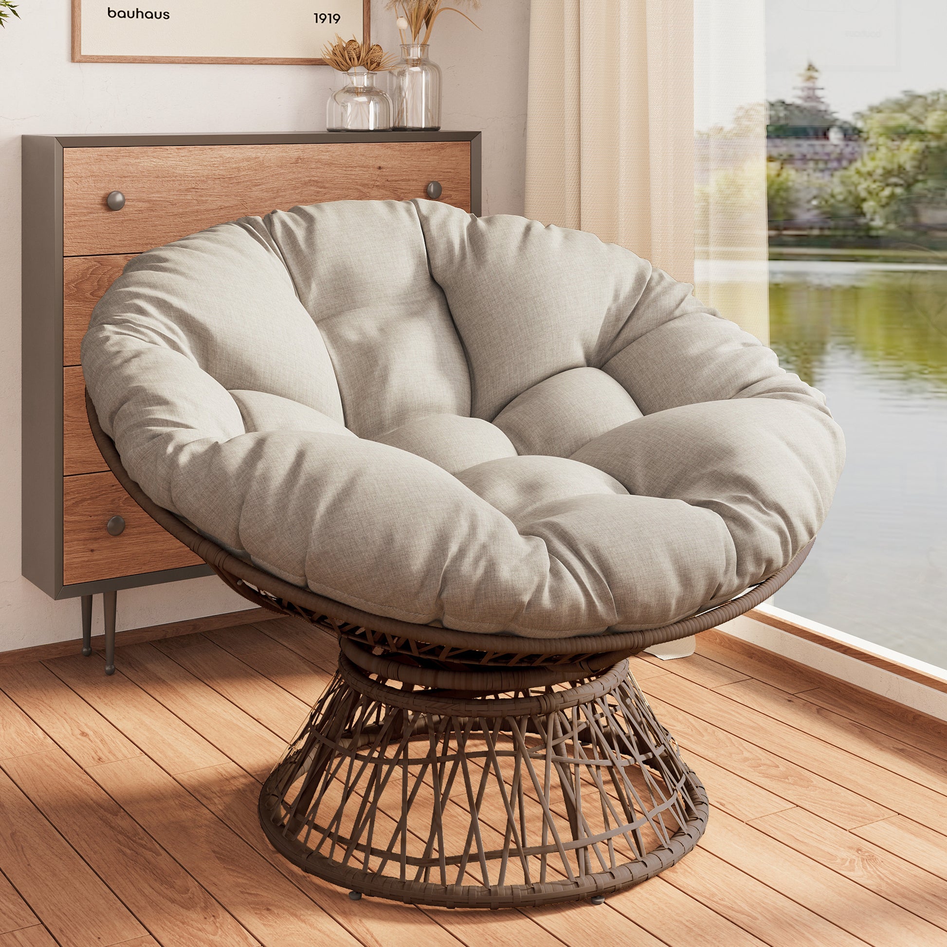 41.5" Ergonomic Wicker Chair With Cloud Thick Density Fabric Cushion,3 Proof Cover,High Capacity Iron Frame,Fluid 360 Degree Swivel For Reading,Living Room, Bedroom,Lounge,Brown Base,2 Colors
