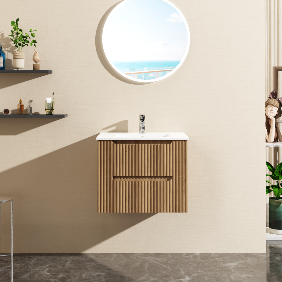 Goodyo 24" Wall Mount Bathroom Vanity Cabinet Floating With White Basin Sink In Walnut 2 Walnut Bathroom Wall Mounted Mdf Mdf