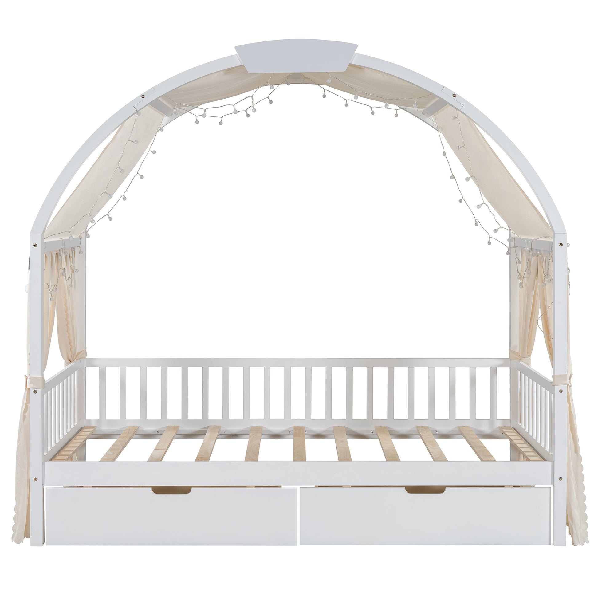 Twin Size Bed With Arched Roof And 2 Drawers, White Twin White Plywood