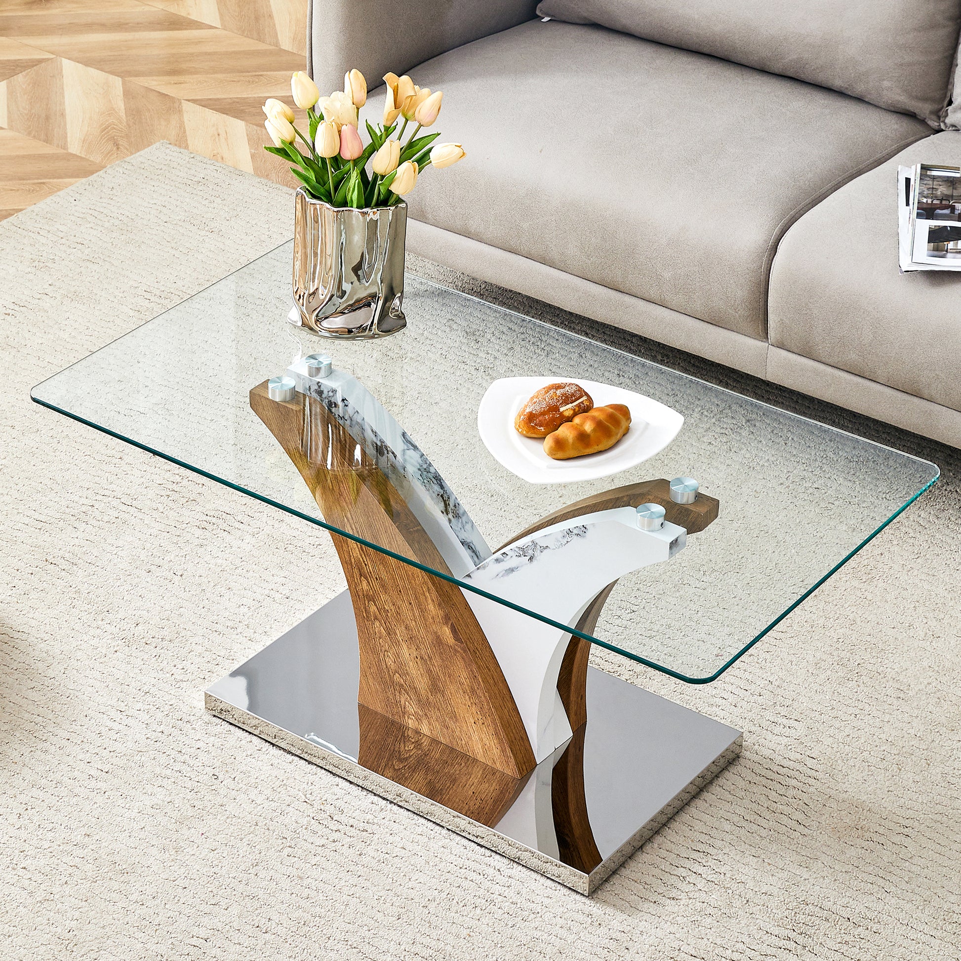 Rectangular Coffee Table.Tempered Glass Countertop, And Artistic Mdf Legs,Perfect For Hosting Dinners, Conferences, Home, And Office Decorations.White And Wood,Dining Table,Tea Table.Coffee Table.