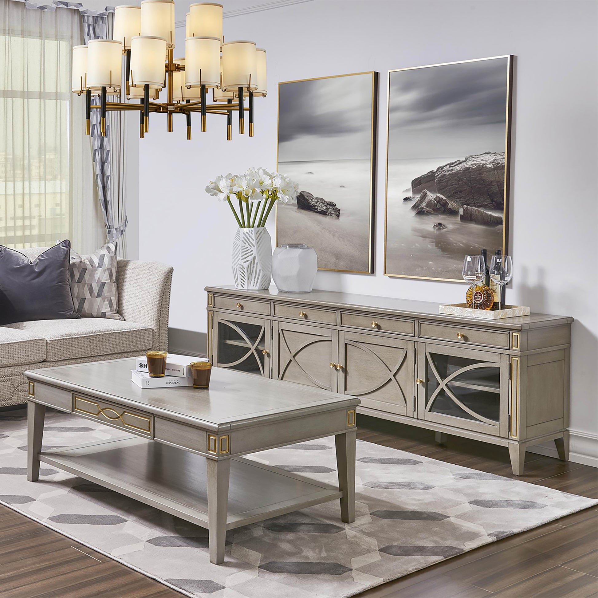 Dauphin 71" Tv Stand Storage Display Console Table, Grey Cashmere Wood Gray 70 79 Inches Solid Wood Mdf Solid Wood Mdf
