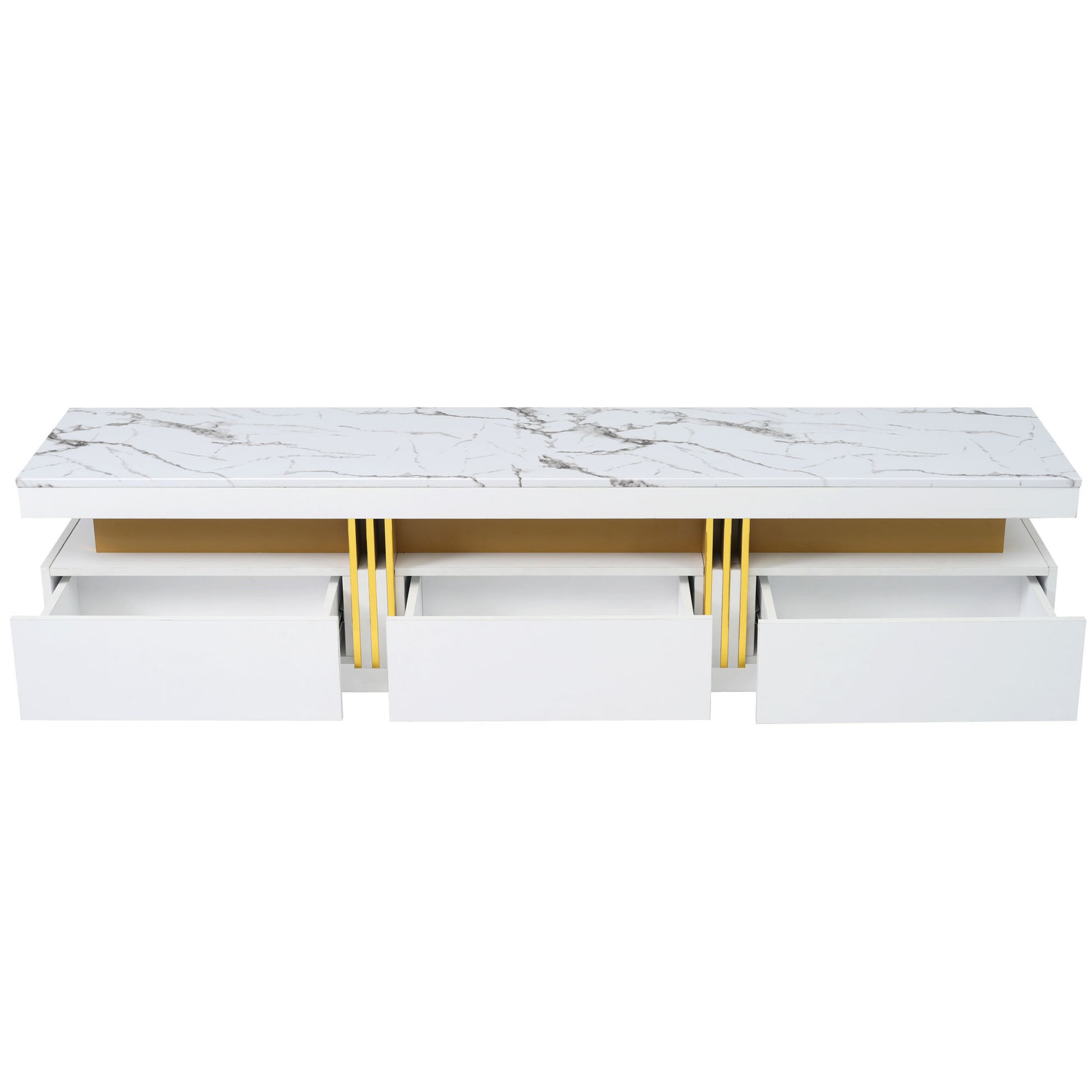 Luxury Tv Stand With High Gloss Faux Marble Top For Tvs Up To 78'', Rectangle Media Console With Golden Panel Design, Practical Entertainment Center With 3 Drawers For Living Room, White White Gold 70 79 Inches 70 79 Inches Mdf