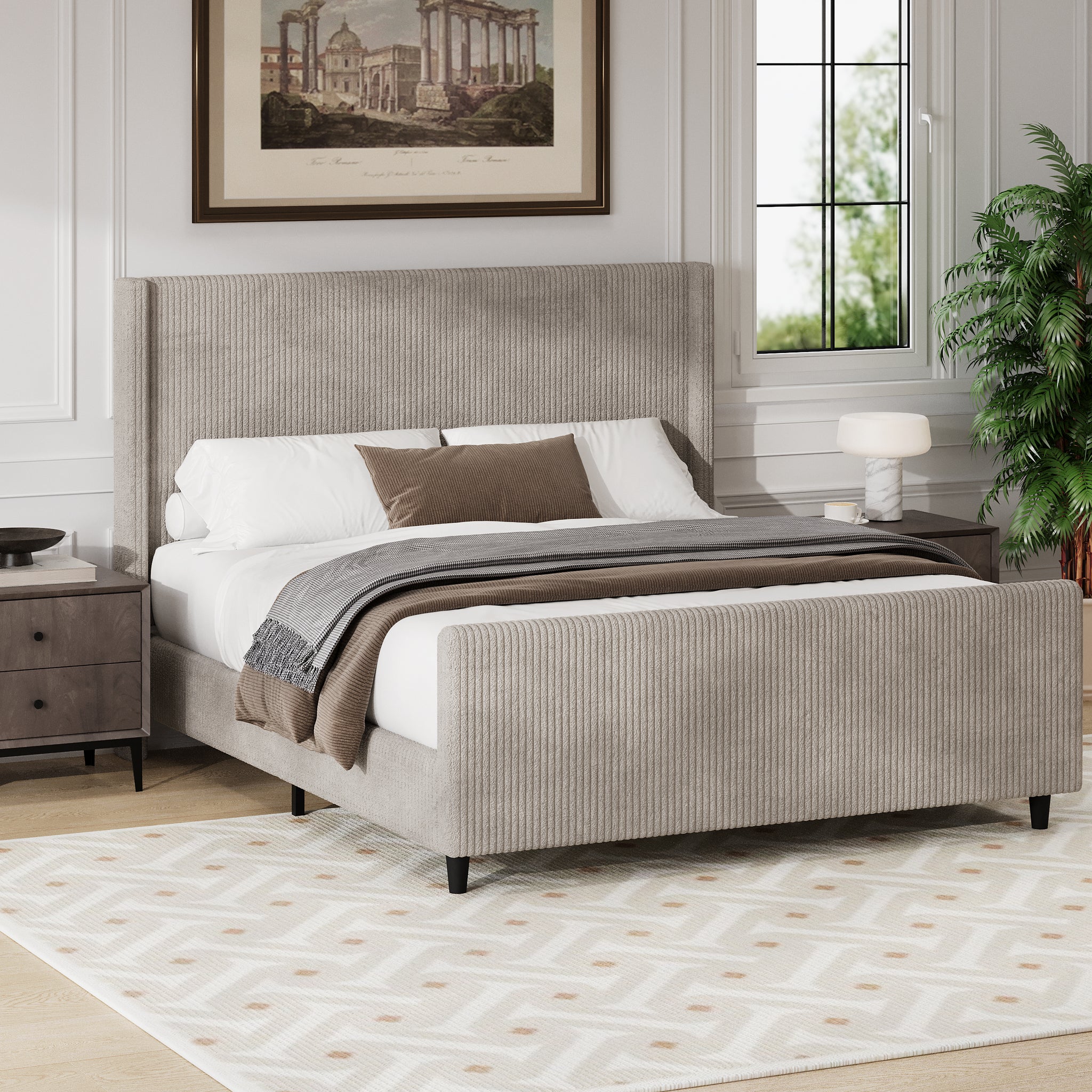 50.7'' High Headboard Corduroy Upholstered Bed Frame With Vertical Stripe Wingback And High Footboard No Box Spring Needed, Queen Size, Taupe Box Spring Not Required Queen Taupe Wood Bedroom Modern Bed Frame Wood