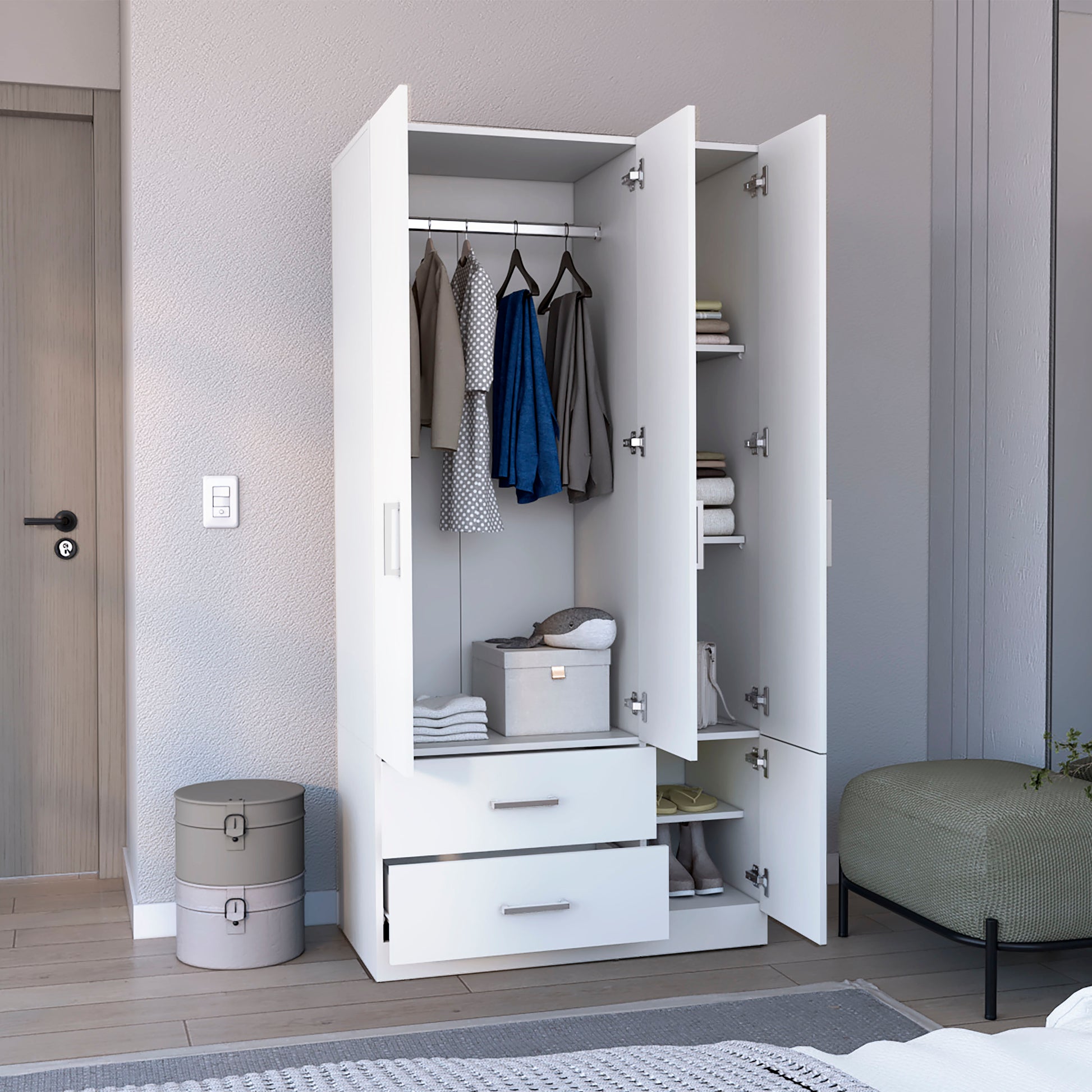 Armoire Wardrove 71", 4 Doors, Hanging Rod, 3 Cabinets, 6 Shelves, White White Solid Wood Mdf Engineered Wood