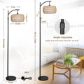 Arc Floor Lamp With Remote Control, Dimmable Led Floor Lamp With 3 Color Temperature, Black Standing Lamp With Rattan & Fabric Double Drum Shade, Boho Farmhouse Tall Pole Lamp For Living Room Bedroom Brown Black Rattan Metal