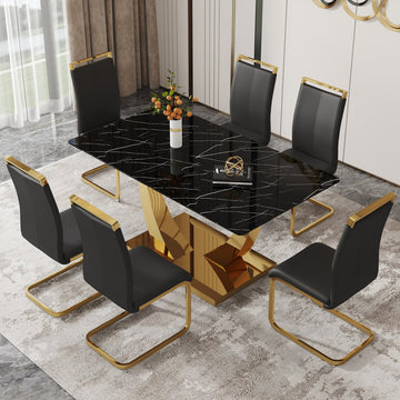 Table And Chair Set.Modern Rectangular Dining Table With Black Textured Stickers Glass Tabletop And Gold Plated Metal Legs.Paried With 6 Comfortable Chairs With Pu Seats And Golden Metal Legs. Black Gold Seats 6 Glass Metal